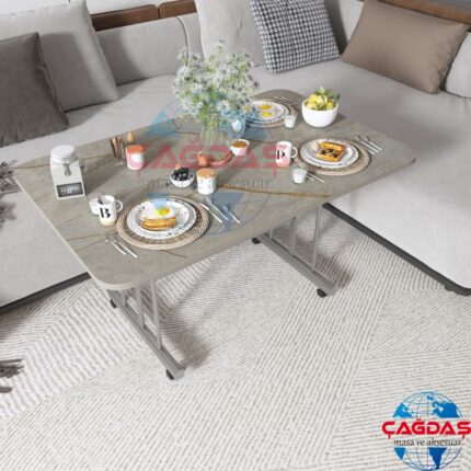 Avenza Living Tekerlekli Masa Orta Sehpa 70  x 110 Yükseklik 58  cm  Metal Ayak Yemek Masası Balkon Masası - Görsel 2