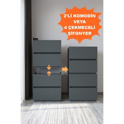 Aeka AE-2034 Galata 4 Çekmeceli Patentli Antrasit Gri Şifonyer Yatak Odası Bebek Odası Komodin