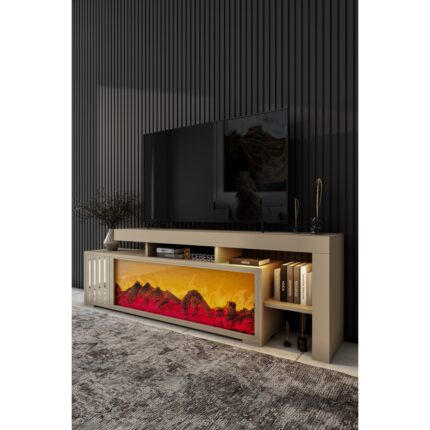 Cebese Dekoratif Elektrikli Yapay Şömine ve Tv Ünitesi 160 cm  x 52 cm  Kumandalı Bluetooth Ses, Sahra Rengi