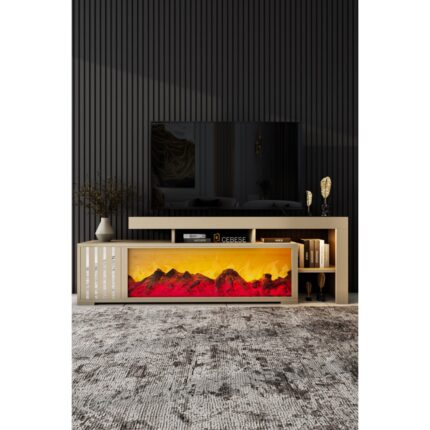 Cebese Dekoratif Elektrikli Yapay Şömine ve Tv Ünitesi 160 cm  x 52 cm  Kumandalı Bluetooth Ses, Sahra Rengi - Görsel 2