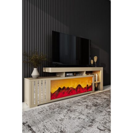 Cebese Dekoratif Elektrikli Yapay Şömine ve Tv Ünitesi 160 cm  x 52 cm  Kumandalı Bluetooth Ses, Sahra Rengi - Görsel 3
