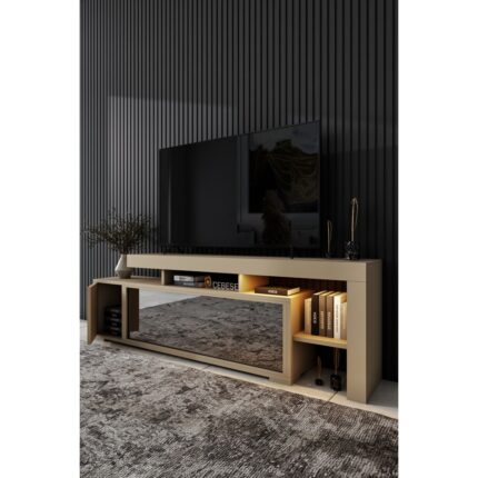 Cebese Dekoratif Elektrikli Yapay Şömine ve Tv Ünitesi 160 cm  x 52 cm  Kumandalı Bluetooth Ses, Sahra Rengi - Görsel 4