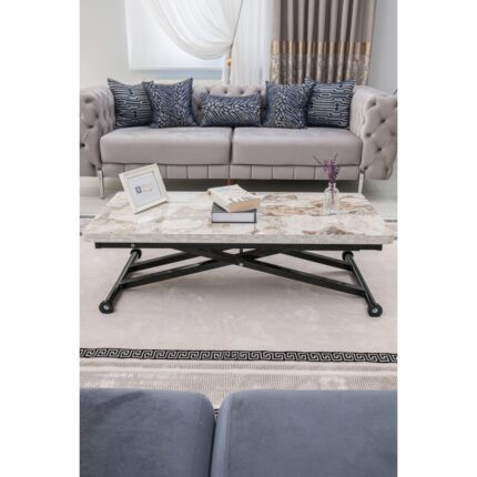 Sehpam Akıllı Home Üst Tabla Mdf Beyaz Mermer Desen Oval Köşe Alt Ayak Siyah - Görsel 3