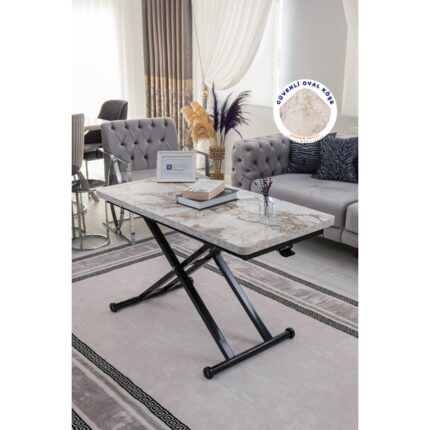 Sehpam Akıllı Home Üst Tabla Mdf Beyaz Mermer Desen Oval Köşe Alt Ayak Siyah - Görsel 4