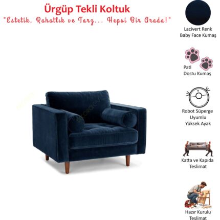 DECORAev Ürgüp Lacivert Tekli Koltuk Berjer Terapi Koltuğu Bekleme Koltuğu - Görsel 4