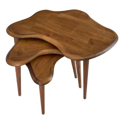 Faw Decor Asimetrik Masif Ahşap Zigon Sehpa Takımı 3'lü Set Modern Bohem Tarz Doğal Ağaç Iskandinav Yan Sehpa Seti
