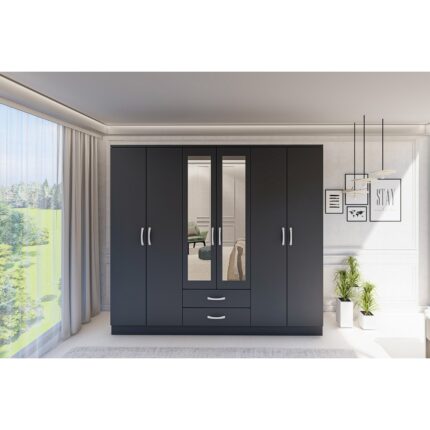 Metalia  gm 0034 Lüx Aynalı 6 Kapılı 2 Çekmeceli Antrasit Gri Gardırop