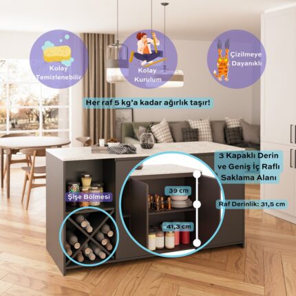 Bimossa Gustav L4730 Mutfak Adası 160  cm  – Carrara Mermer Antrasit, Şaraplık, Bar Masası, Çok Amaçlı Depolamalı Dolap - Görsel 2