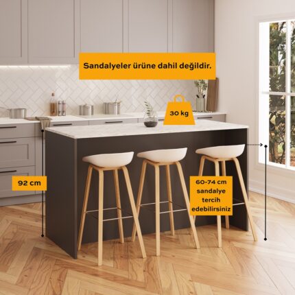 Bimossa Gustav L4730 Mutfak Adası 160  cm  – Carrara Mermer Antrasit, Şaraplık, Bar Masası, Çok Amaçlı Depolamalı Dolap - Görsel 4