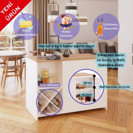 Bimossa Vino L5110 Mutfak Adası 127  cm  Sepet Ahşap Üst Beyaz Alt Şaraplık Depolamalı Oturmalı Çok Amaçlı Masa - Görsel 2