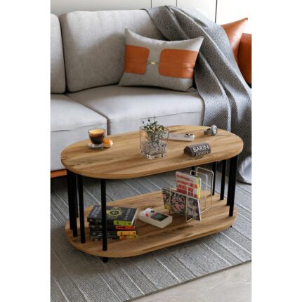 Barin Design Modern Oval Orta Sehpa Çift Katlı Metal Ayaklı Salon, Ofis, Dekoratif Sehpa, Kahve Sehpası
