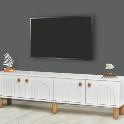 Neva Mobilya Lidya Beyaz Klasik Tv Sehpası 4 Kapaklı Kavisli Kapak Detaylı Düz Yüzeyli Tasarım 180x36x50 Cm - Görsel 2