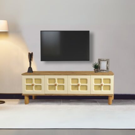 Neva Mobilya Hasırlı Tv Sehpası Atlantik Çam Krem 3 Kapaklı Hasır Desenli Doğal Görünümlü 160x36x50 Cm - Görsel 2