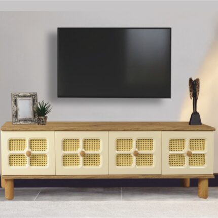 Neva Mobilya Hasırlı Tv Sehpası Atlantik Çam Krem 3 Kapaklı Hasır Desenli Doğal Görünümlü 160x36x50 Cm - Görsel 3