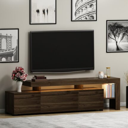 İnarch Dizayn Beliz Modern LED Işıklı 3 Kapaklı, Raflı TV Sehpası – 192 cm - Ceviz