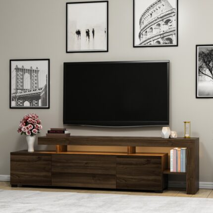 İnarch Dizayn Beliz Modern LED Işıklı 3 Kapaklı, Raflı TV Sehpası – 192 cm - Ceviz - Görsel 3