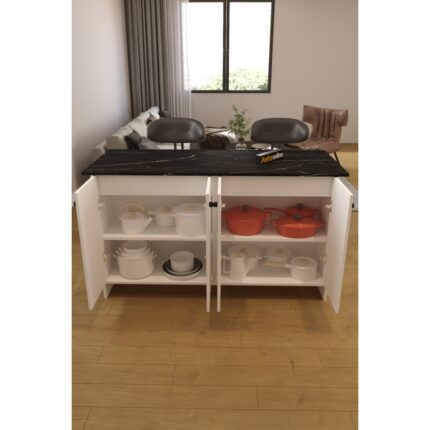 Aeka AE-2080 Patentli Ayder Mutfak Adası Bar Masası Yemek Masası Dolaplı, Beyaz/siyah Mermer Raflı, Çok Amaçlı - Görsel 2