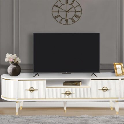 Neva Mobilya Duru TV Sehpası Beyaz Gold 2 Kapaklı 1 Çekmeceli Oval Detaylı Sehpa 180x40x53 Cm - Görsel 3
