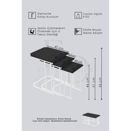 ED Efelez Design Lyon 3'lü C Zigon Sehpa Siyah Metal - Barok Tabla - Görsel 5