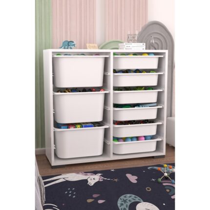 Pratico Mobilya Beyaz Suntalam 9 Sepetli Çok Amaçlı Ultra Derin Oyuncak Dolabı 90x30x84 cm