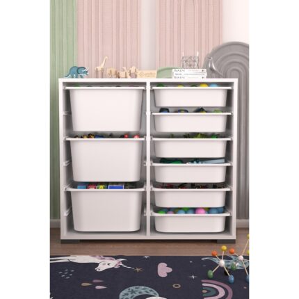 Pratico Mobilya Beyaz Suntalam 9 Sepetli Çok Amaçlı Ultra Derin Oyuncak Dolabı 90x30x84 cm - Görsel 2