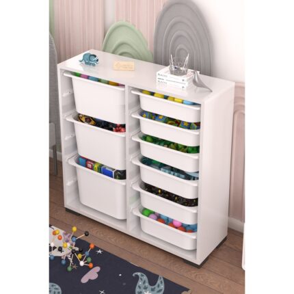 Pratico Mobilya Beyaz Suntalam 9 Sepetli Çok Amaçlı Ultra Derin Oyuncak Dolabı 90x30x84 cm - Görsel 4
