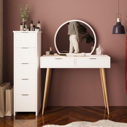 Bimossa Lucy Makyaj Masası Takımı T1050 – Beyaz  Aynalı, Çekmeceli Dolaplı Set