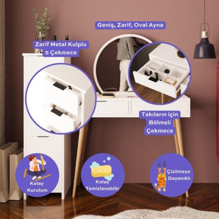 Bimossa Lucy Makyaj Masası Takımı T1050 – Beyaz  Aynalı, Çekmeceli Dolaplı Set - Görsel 3