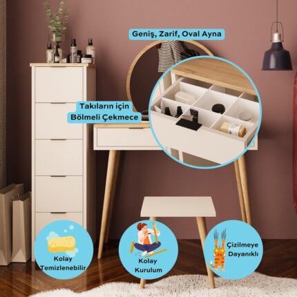 Bimossa Lucy Makyaj Masası Takımı U1060 – Sepet Kumtaşı | Tabureli, Aynalı, Çok Amaçlı - Görsel 3