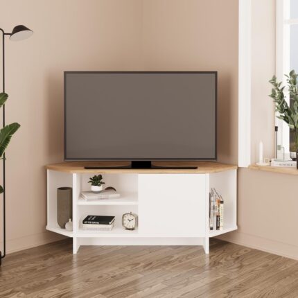 Bimossa B1350 Teo Köşe Tv Sehpası Ünitesi – Ahşap Sepet & Beyaz | 48 Inç Uyumlu