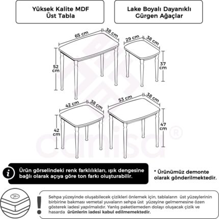 Canisa Tawe Serisi Mdf 1.sınıf 4lü Zigon Sehpa Takımı / Ceviz Renk Gürgen Ayaklar - Görsel 4