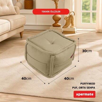 Xpermate x permate Puffymod Dekoratif Kare Puf Orta Sehpa Ayak Uzatma Puf 40 x 40  cm  Bej - Görsel 2