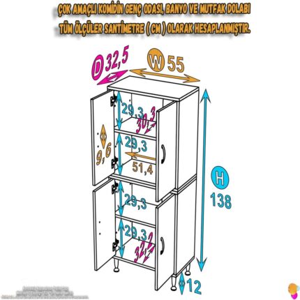 Modilayn İLKİM 55x138x32,5 cm Ekstra Düzen İçin Kullanışlı 4 Kapak 4 Bölmeli Banyo Mutfak Dolabı - Görsel 4