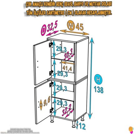 Modilayn İLKİM 45x138x32,5 cm Ekstra Düzen İçin Kullanışlı 4 Kapak 4 Bölmeli Banyo Mutfak Dolabı - Görsel 4