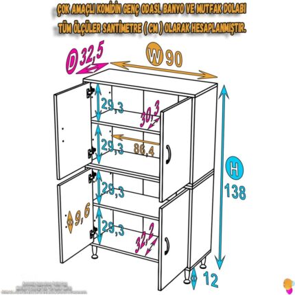 Modilayn İLKİM 90x138x32,5 cm Ekstra Düzen İçin Kullanışlı 4 Kapak 4 Bölmeli Banyo Mutfak Dolabı - Görsel 4