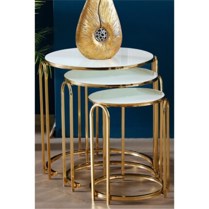 Sedaş Living Units Lenka Zigon Sehpa Takımı Yuvarlak 3'lü Gold Metal - Beyaz Temperli Kırılmaz Cam Sedaş-Lenka-Zigon