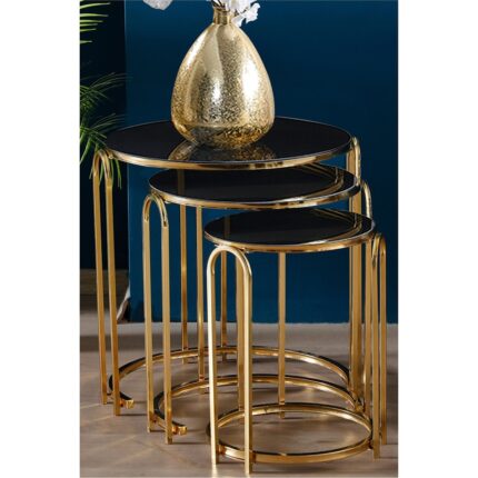 Sedaş Living Units Lenka Zigon Sehpa Takımı Yuvarlak 3'lü Gold Metal - Siyah Aynalı Temperli Kırılmaz Cam Sedaş-Lenka