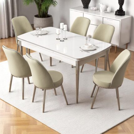 Canisa Nira Serisi 70X114 Mdf Açılabilir Beyaz Masa Takımı 6 Krem Sandalye Krom Detay