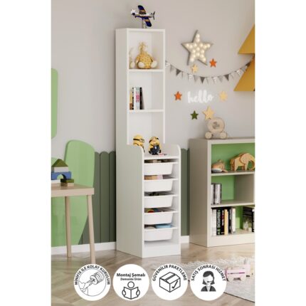 Bofigo 5 Sepetli 3 Raflı Dolap Çok Amaçlı Dolap Oyuncak Dolabı Derya Beyaz