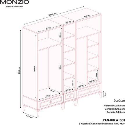 Monzio Panjur 5 Kapaklı Çekmeceli Gardırop Tamamı MDF (Yeşil) - Görsel 4