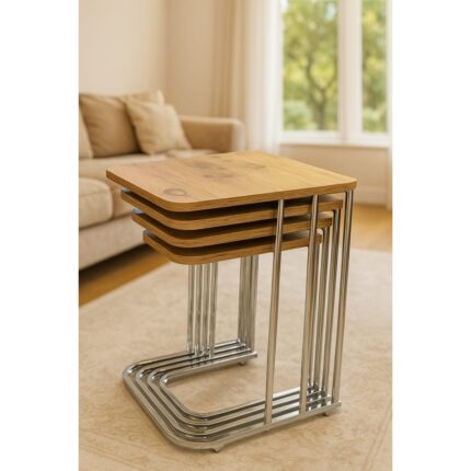 Home Plus Mobilya 4'lü Tekerlekli Zigon Sehpa Gümüş Ayak Atlantik Çam 18MM Mdf - Görsel 3