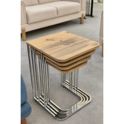 Home Plus Mobilya 4'lü Tekerlekli Zigon Sehpa Gümüş Ayak Atlantik Çam 18MM Mdf - Görsel 4
