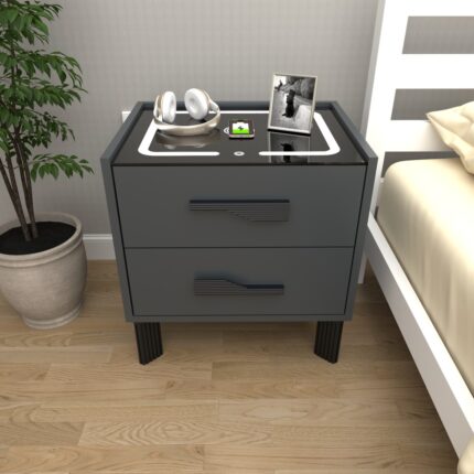 Decobox Diamond Antrasit Ledli Şarj Üniteli ve Bluetooth Hoparlörlü Komodin