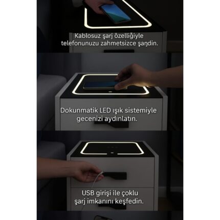 Decobox Diamond Antrasit Ledli Şarj Üniteli ve Bluetooth Hoparlörlü Komodin - Görsel 2