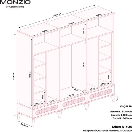Monzio Milen 6 Kapaklı Çekmeceli Gardırop Tamamı MDF (Beyaz) - Görsel 4