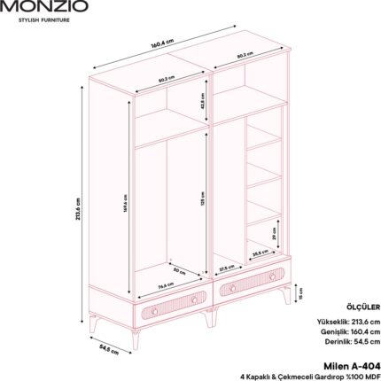 Monzio Milen 4 Kapaklı Çekmeceli Gardırop Tamamı MDF (Aytaşı) - Görsel 4