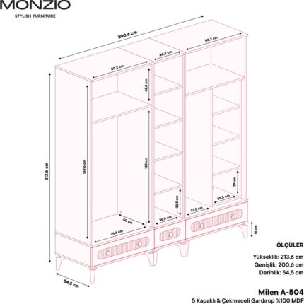 Monzio Milen 5 Kapaklı Çekmeceli Gardırop Tamamı MDF (Yeşil) - Görsel 4