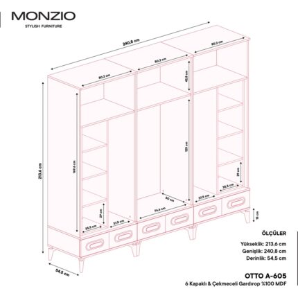 Monzio Otto 6 Kapaklı Çekmeceli Gardırop Tamamı Mdf (Beyaz) - Görsel 4