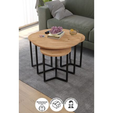 Bofigo 4lü Orta Sehpa Yan Sehpa Dekoratif Sehpa Metal Sehpa Yonca Çam