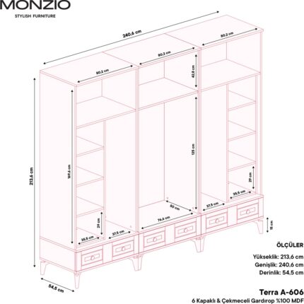 Monzio Terra 6 Kapaklı Çekmeceli Gardırop Tamamı Mdf (Antrasit) - Görsel 4